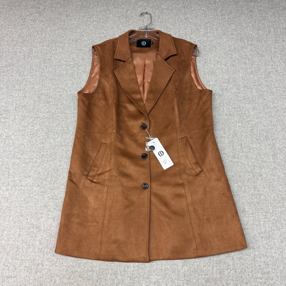 i Faux Suede Longline Vest Size XL Brown Notched Lapel 3-Button Lined Pockets NW